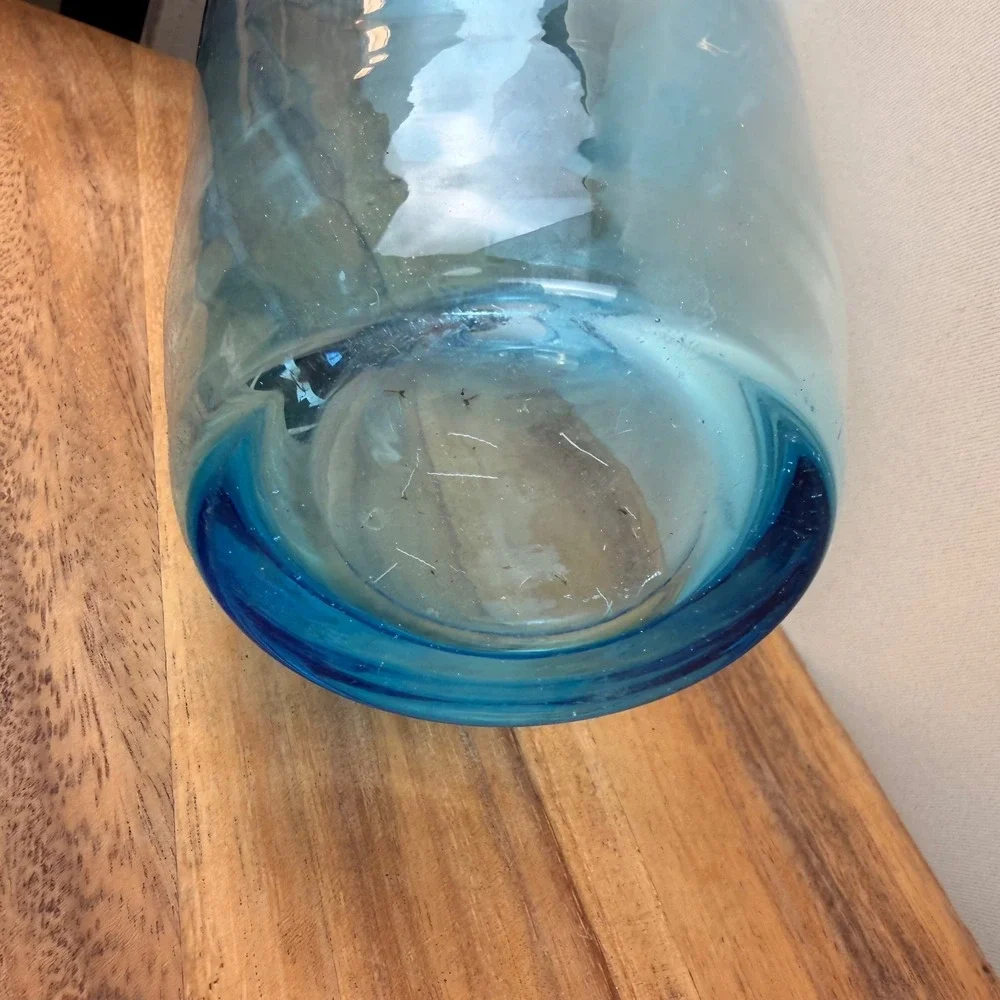 Vintage Hand Blown Turquoise Blue Glass Vase Mid Century Modern Decor 12 Inch